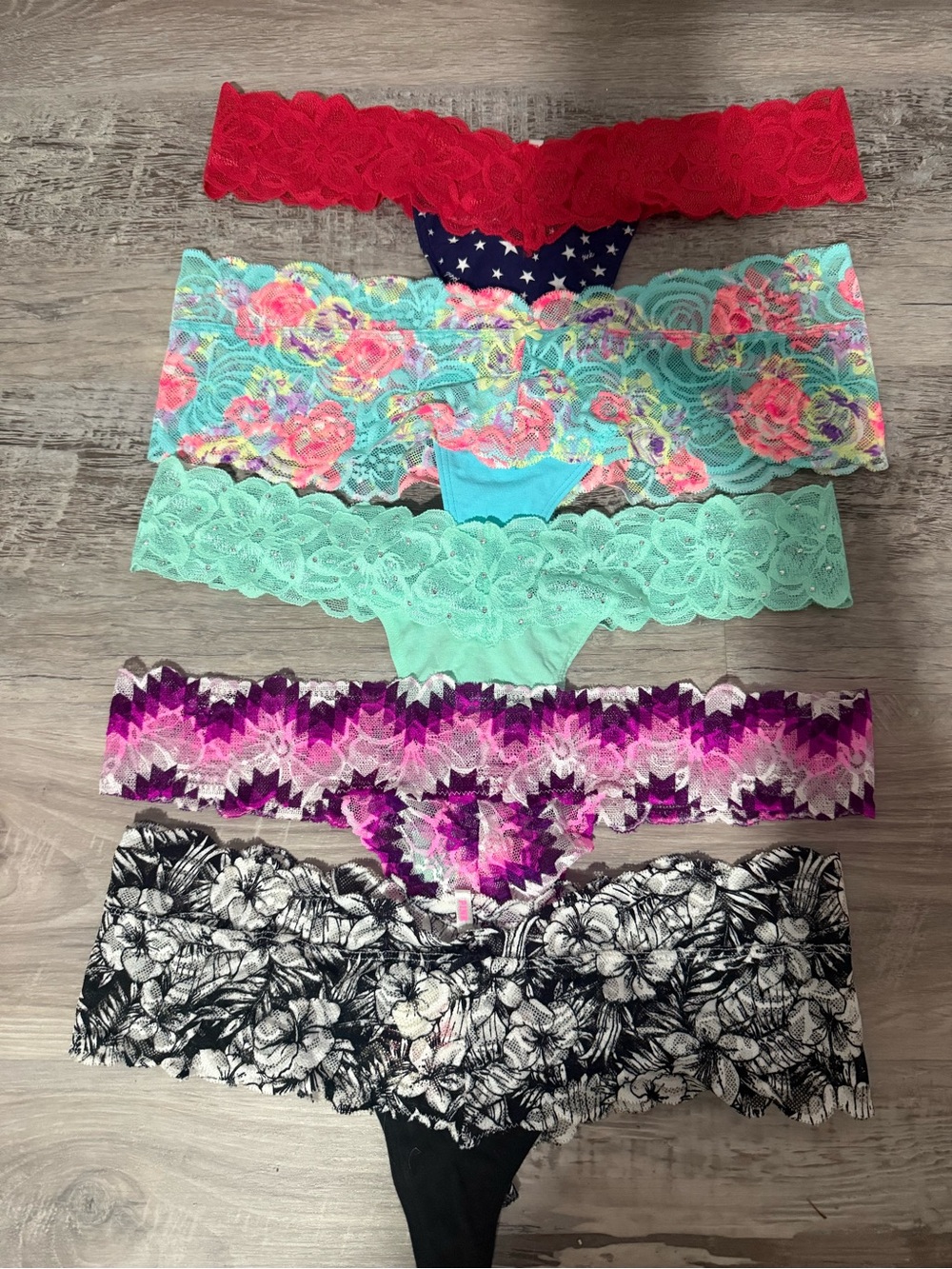 PINK Victoria's Secret Lace Thong Set in Red, Aqua, Mint, Purple & Black Floral